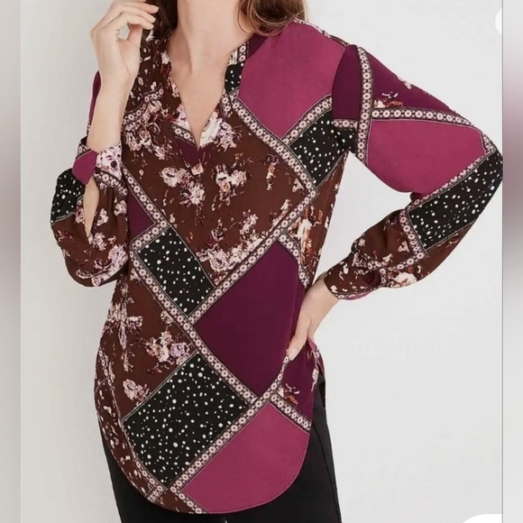 Maurices Patchwork Tunic Blouse Pullover Semi-Sheer  Long Sleeve Button Cuff- M - Picture 1 of 13